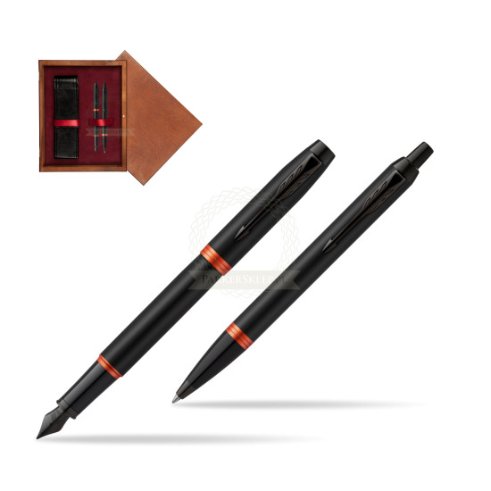 Zestaw prezentowy Parker Pióro wieczne + Długopis IM PROFESSIONALS VIBRANT RING Flame Orange w pudełku drewnianym Mahoń Double Bordo