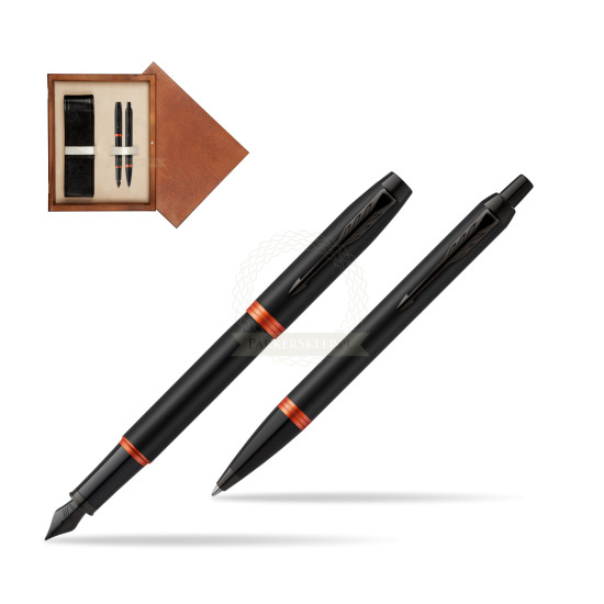 Zestaw prezentowy Parker Pióro wieczne + Długopis IM PROFESSIONALS VIBRANT RING Flame Orange w pudełku drewnianym Mahoń Double Ecru
