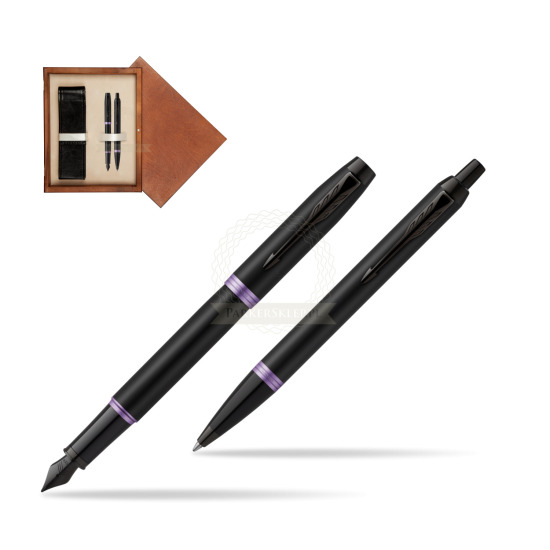 Zestaw Prezentowy Parker pióro wieczne + długopis IM PROFESSIONALS VIBRANT RING Amethyst Purple w pudełku drewnianym Mahoń Double Ecru