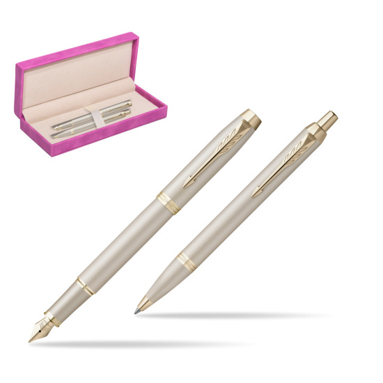 Zestaw Prezentowy Parker Pióro wieczne + Długopis IM PROFESSIONALS MONOCHROME CHAMPAGNE w pudełku zamszowym fuksja