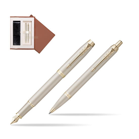 Zestaw Prezentowy Parker Pióro wieczne + Długopis IM PROFESSIONALS MONOCHROME CHAMPAGNE w brązowym pudełku zamszowym