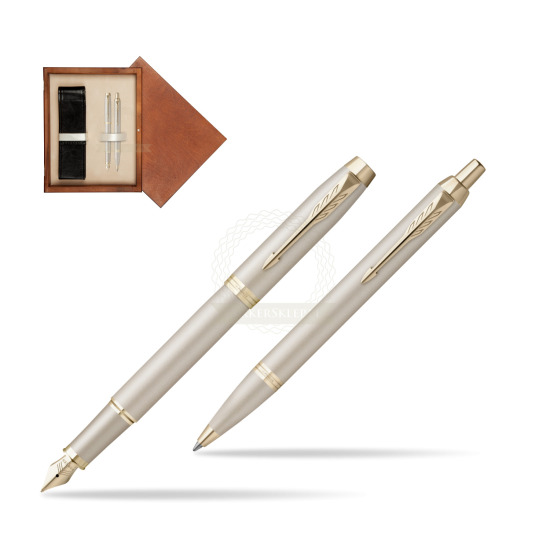 Zestaw Prezentowy Parker Pióro wieczne + Długopis IM PROFESSIONALS MONOCHROME CHAMPAGNE w pudełku drewnianym Mahoń Double Ecru