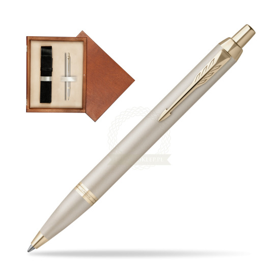 Długopis Parker IM PROFESSIONALS MONOCHROME CHAMPAGNE w pudełku drewnianym Mahoń Single Ecru