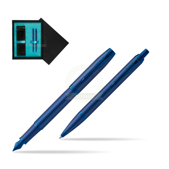 Zestaw Prezentowy Parker Pióro wieczne + Długopis IM PROFESSIONALS MONOCHROME BLUE w pudełku drewnianym Czerń Double Turkus