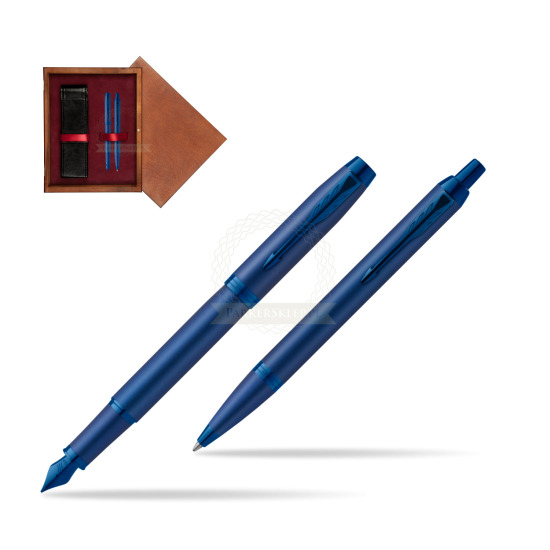 Zestaw Prezentowy Parker Pióro wieczne + Długopis IM PROFESSIONALS MONOCHROME BLUE w pudełku drewnianym Mahoń Double Bordo