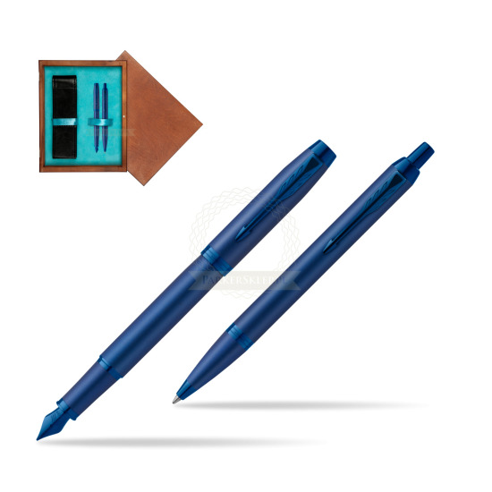 Zestaw Prezentowy Parker Pióro wieczne + Długopis IM PROFESSIONALS MONOCHROME BLUE w pudełku drewnianym Mahoń Double Turkus