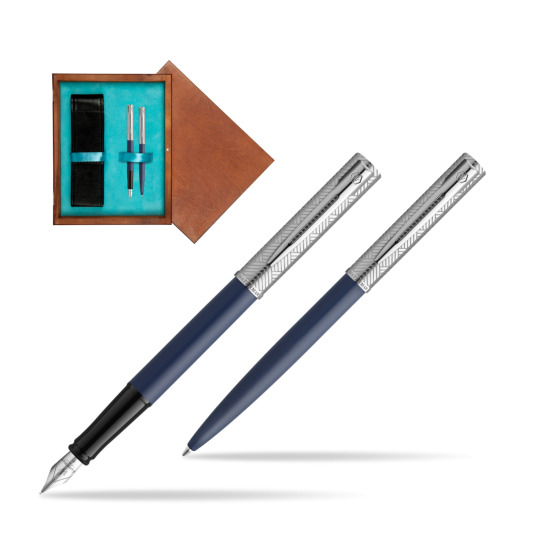 Zestaw Waterman pióro wieczne + długopis Allure Deluxe Blue w pudełku drewnianym Mahoń Double Turkus