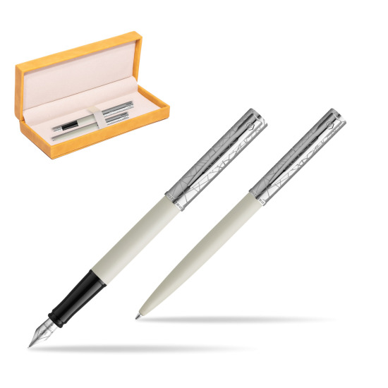 Zestaw Waterman Pióro wieczne + długopis Allure Deluxe White w żółtym pudełku zamszowym