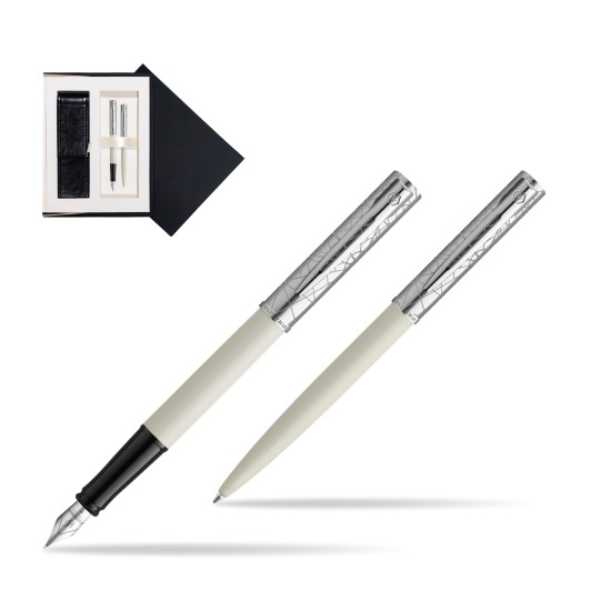 Zestaw Waterman Pióro wieczne + długopis Allure Deluxe White w czarnym pudełku zamszowym