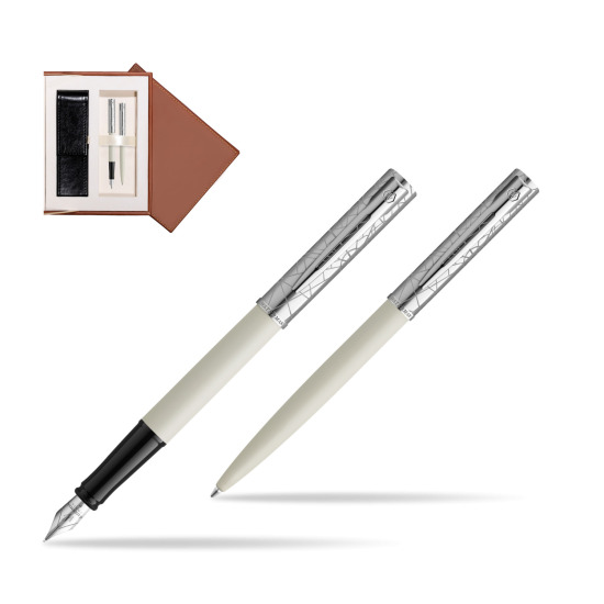Zestaw Waterman Pióro wieczne + długopis Allure Deluxe White w brązowym pudełku zamszowym