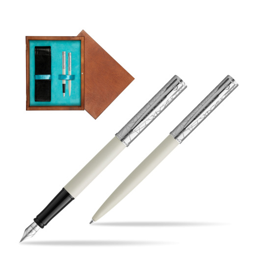 Zestaw Waterman Pióro wieczne + długopis Allure Deluxe White w pudełku drewnianym Mahoń Double Turkus