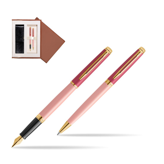Zestaw prezentowy Waterman pióro wieczne + długopis HÉMISPHÈRE COLOR-BLOCK PINK GT w brązowym pudełku zamszowym