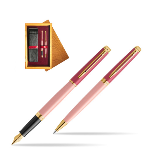 Zestaw prezentowy Waterman pióro wieczne + długopis HÉMISPHÈRE COLOR-BLOCK PINK GT w pudełku drewnianym Honey Double Bordo