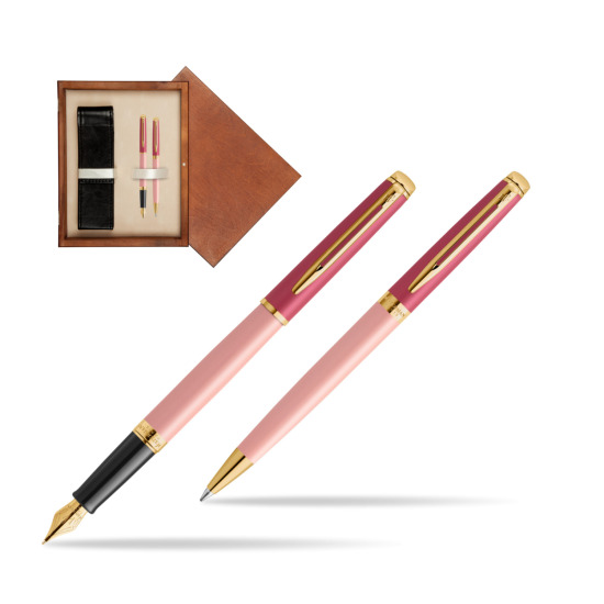 Zestaw prezentowy Waterman pióro wieczne + długopis HÉMISPHÈRE COLOR-BLOCK PINK GT w pudełku drewnianym Mahoń Double Ecru