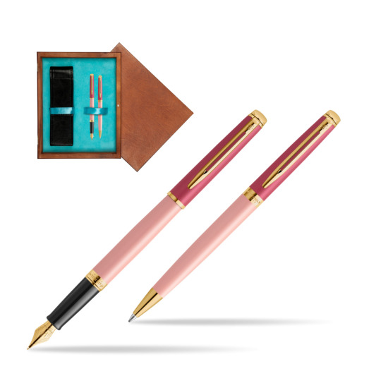 Zestaw prezentowy Waterman pióro wieczne + długopis HÉMISPHÈRE COLOR-BLOCK PINK GT w pudełku drewnianym Mahoń Double Turkus