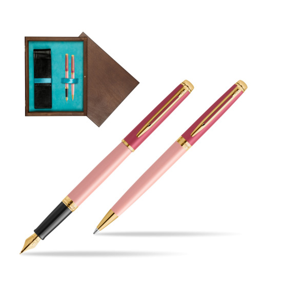 Zestaw prezentowy Waterman pióro wieczne + długopis HÉMISPHÈRE COLOR-BLOCK PINK GT w pudełku drewnianym Wenge Double Turkus