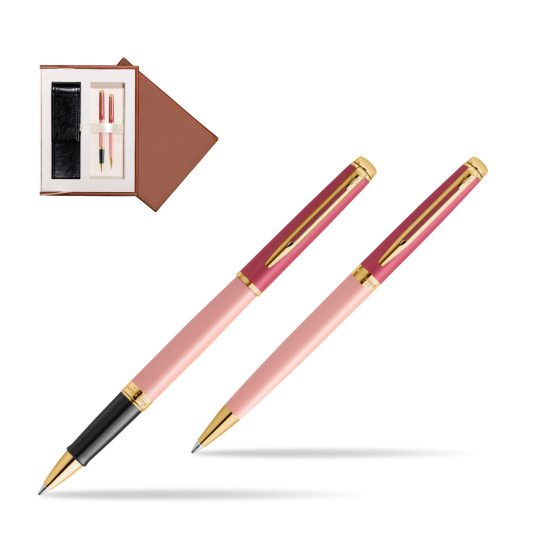 Zestaw prezentowy Waterman pióro kulkowe + długopis HÉMISPHÈRE COLOR-BLOCK PINK GT w brązowym pudełku zamszowym