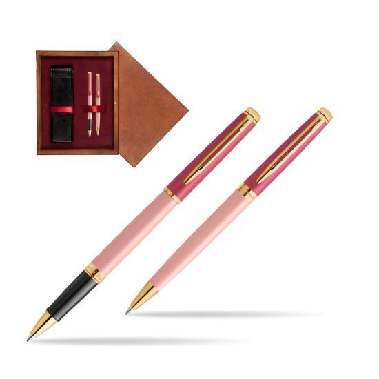 Zestaw prezentowy Waterman pióro kulkowe + długopis HÉMISPHÈRE COLOR-BLOCK PINK GT w pudełku drewnianym Mahoń Double Bordo