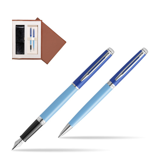 Zestaw Waterman pióro wieczne + długopis HÉMISPHÈRE COLOR-BLOCK BLUE w brązowym pudełku zamszowym