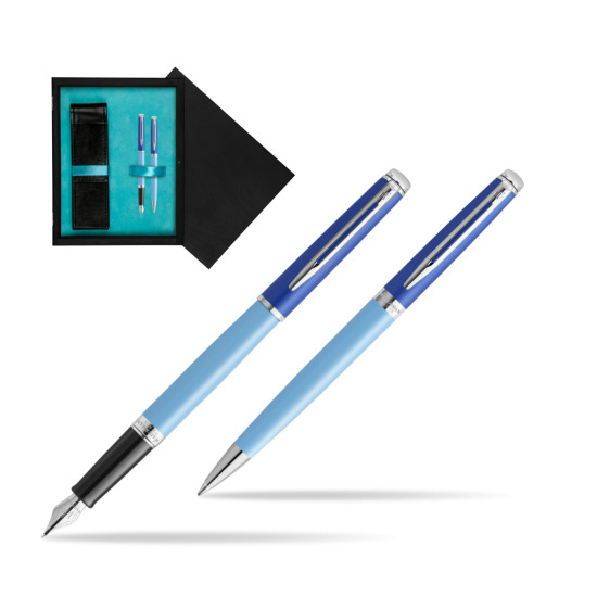 Zestaw Waterman pióro wieczne + długopis HÉMISPHÈRE COLOR-BLOCK BLUE w pudełku drewnianym Czerń Double Turkus