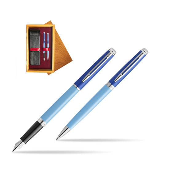 Zestaw Waterman pióro wieczne + długopis HÉMISPHÈRE COLOR-BLOCK BLUE w pudełku drewnianym Honey Double Bordo