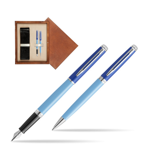 Zestaw Waterman pióro wieczne + długopis HÉMISPHÈRE COLOR-BLOCK BLUE w pudełku drewnianym Mahoń Double Ecru