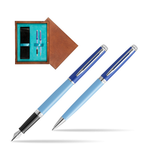Zestaw Waterman pióro wieczne + długopis HÉMISPHÈRE COLOR-BLOCK BLUE w pudełku drewnianym Mahoń Double Turkus