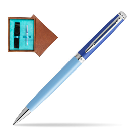 Długopis Waterman HÉMISPHÈRE COLOR-BLOCK BLUE w pudełku drewnianym Mahoń Single Turkus