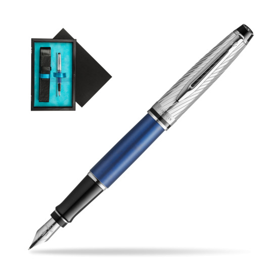 Pióro wieczne Waterman Expert Deluxe Metalic Blue w pudełku drewnianym Czerń Single Turkus