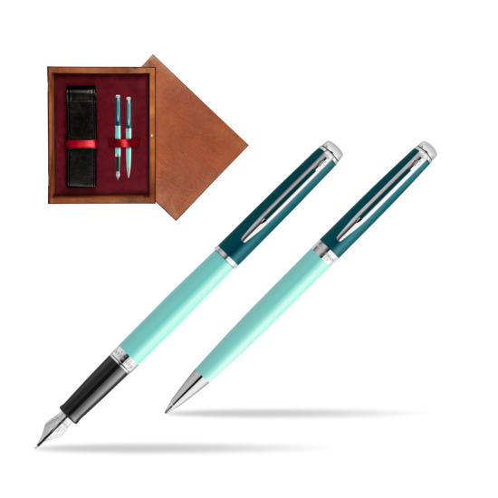 Zestaw prezentowy Waterman pióro wieczne + długopis HÉMISPHÈRE COLOR-BLOCK GREEN CT w pudełku drewnianym Mahoń Double Bordo