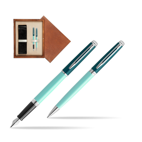 Zestaw prezentowy Waterman pióro wieczne + długopis HÉMISPHÈRE COLOR-BLOCK GREEN CT w pudełku drewnianym Mahoń Double Ecru