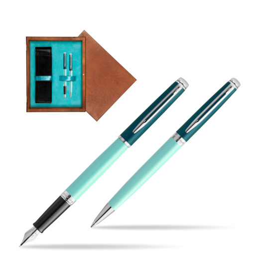 Zestaw prezentowy Waterman pióro wieczne + długopis HÉMISPHÈRE COLOR-BLOCK GREEN CT w pudełku drewnianym Mahoń Double Turkus