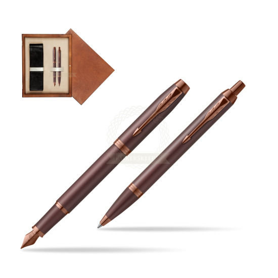 Zestaw Prezentowy Parker Pióro wieczne + Długopis IM PROFESSIONALS MONOCHROME BURGUNDY w pudełku drewnianym Mahoń Double Ecru