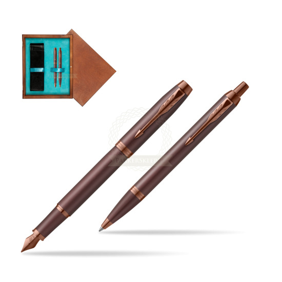 Zestaw Prezentowy Parker Pióro wieczne + Długopis IM PROFESSIONALS MONOCHROME BURGUNDY w pudełku drewnianym Mahoń Double Turkus