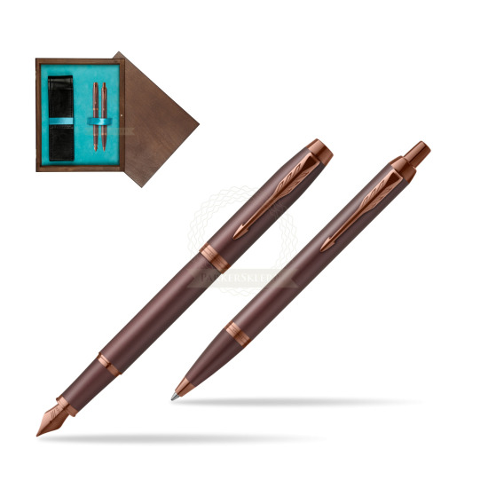 Zestaw Prezentowy Parker Pióro wieczne + Długopis IM PROFESSIONALS MONOCHROME BURGUNDY w pudełku drewnianym Wenge Double Turkus