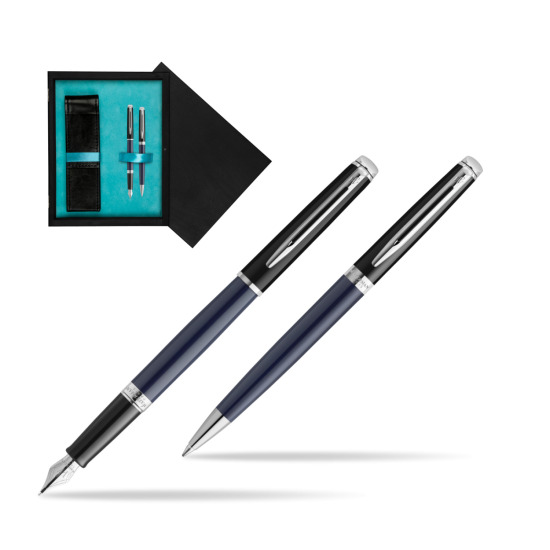 Zestaw prezentowy pióro wieczne + długopis Waterman HÉMISPHÈRE COLOR-BLOCK BLACK-BLUE w pudełku drewnianym Czerń Double Turkus