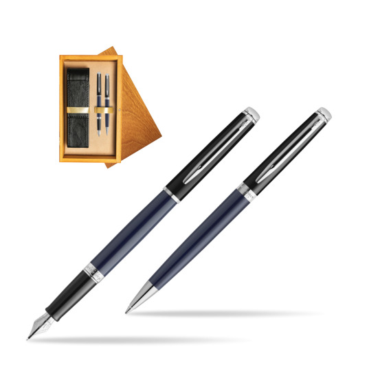 Zestaw prezentowy pióro wieczne + długopis Waterman HÉMISPHÈRE COLOR-BLOCK BLACK-BLUE w pudełku drewnianym Honey Double Ecru