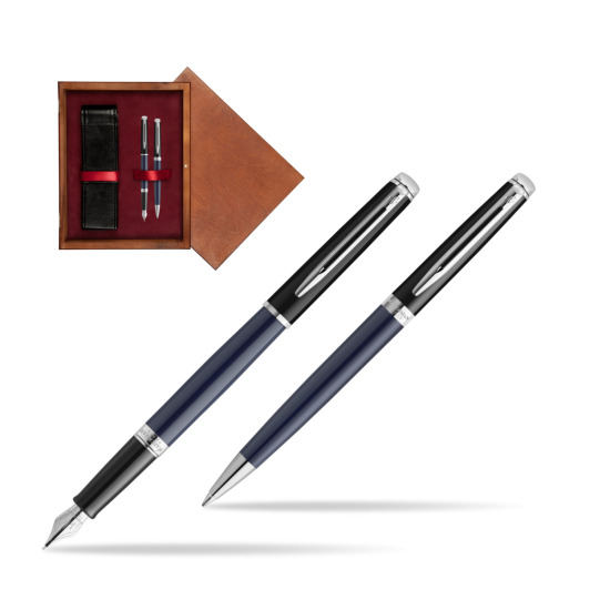 Zestaw prezentowy pióro wieczne + długopis Waterman HÉMISPHÈRE COLOR-BLOCK BLACK-BLUE w pudełku drewnianym Mahoń Double Bordo