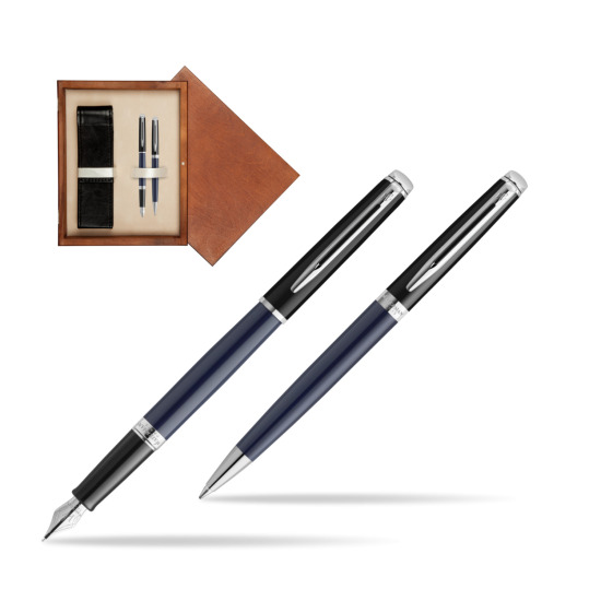 Zestaw prezentowy pióro wieczne + długopis Waterman HÉMISPHÈRE COLOR-BLOCK BLACK-BLUE w pudełku drewnianym Mahoń Double Ecru