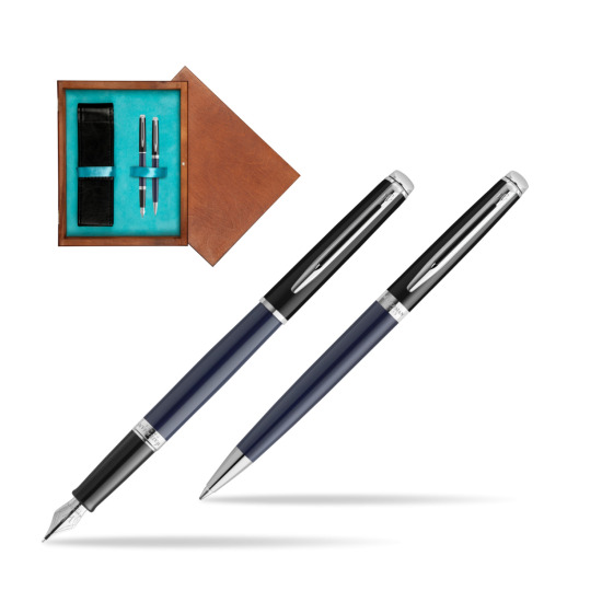 Zestaw prezentowy pióro wieczne + długopis Waterman HÉMISPHÈRE COLOR-BLOCK BLACK-BLUE w pudełku drewnianym Mahoń Double Turkus