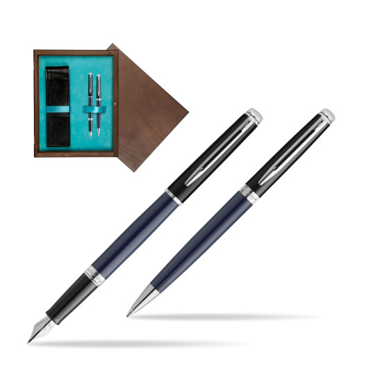 Zestaw prezentowy pióro wieczne + długopis Waterman HÉMISPHÈRE COLOR-BLOCK BLACK-BLUE w pudełku drewnianym Wenge Double Turkus