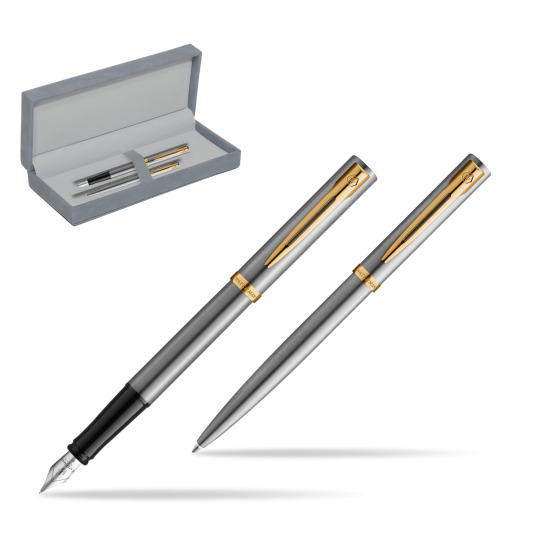 Zestaw prezentowy pióro wieczne + długopis Waterman IMPRESSION Stal GT w szarym pudełku zamszowym