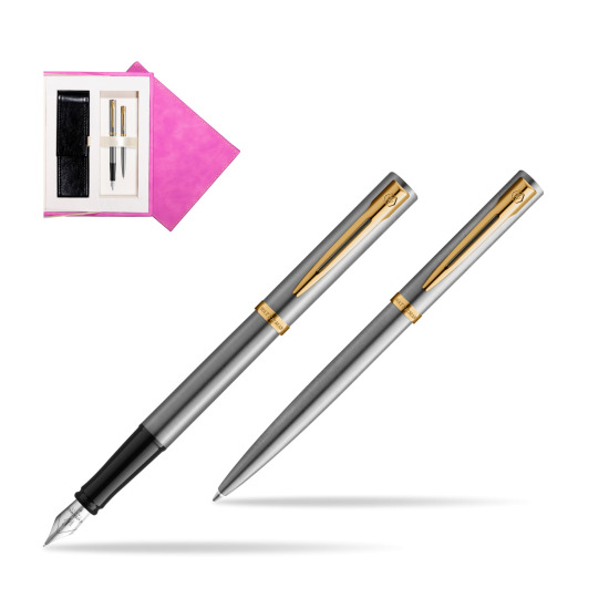 Zestaw prezentowy pióro wieczne + długopis Waterman IMPRESSION Stal GT w pudełku zamszowym fuksja