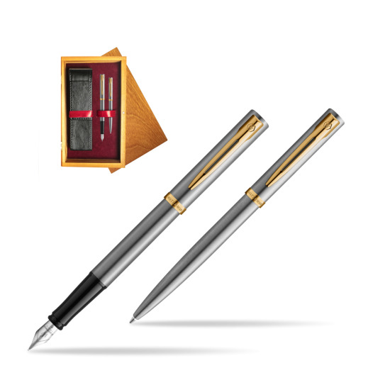 Zestaw prezentowy pióro wieczne + długopis Waterman IMPRESSION Stal GT w pudełku drewnianym Honey Double Bordo