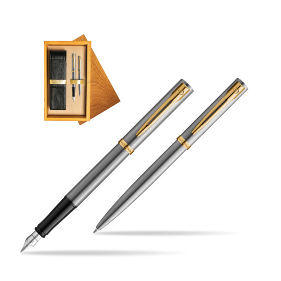 Zestaw prezentowy pióro wieczne + długopis Waterman IMPRESSION Stal GT w pudełku drewnianym Honey Double Ecru