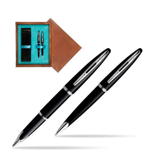 Zestaw prezentowy pióro wieczne + długopis Waterman Carène Morze Czarne ST w pudełku drewnianym Mahoń Double Turkus
