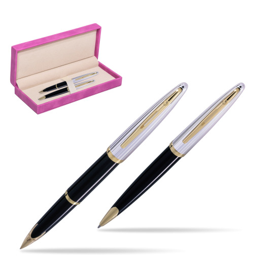 Zestaw prezentowy pióro wieczne + długopis Waterman Carène Deluxe Czarny GT w pudełku zamszowym fuksja