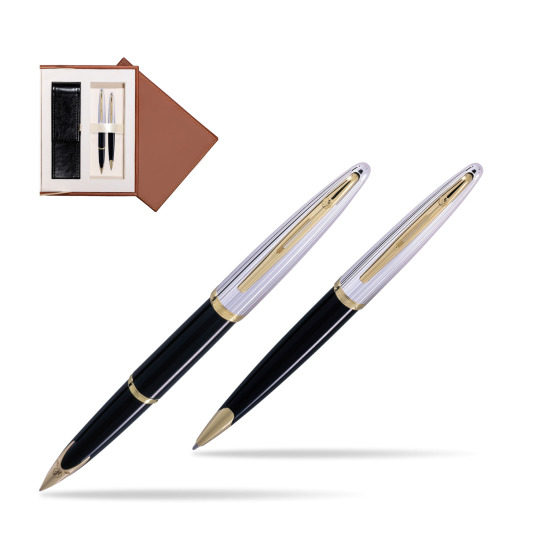 Zestaw prezentowy pióro wieczne + długopis Waterman Carène Deluxe Czarny GT w brązowym pudełku zamszowym
