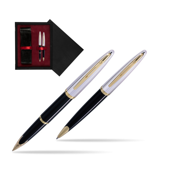 Zestaw prezentowy pióro wieczne + długopis Waterman Carène Deluxe Czarny GT w pudełku drewnianym Czerń Double Bordo