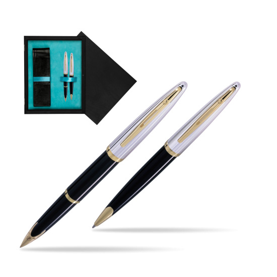 Zestaw prezentowy pióro wieczne + długopis Waterman Carène Deluxe Czarny GT w pudełku drewnianym Czerń Double Turkus